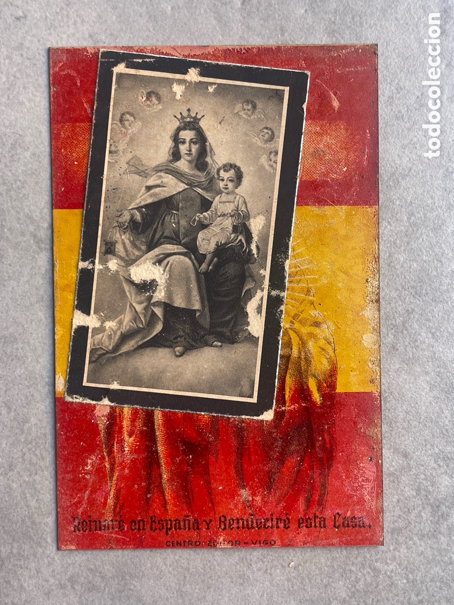 Postales: Placa met&aacute;lica. Tama&ntilde;o postal. Coraz&oacute;n de Jes&uacute;s modificada con estampa de la virgen del Carmen.