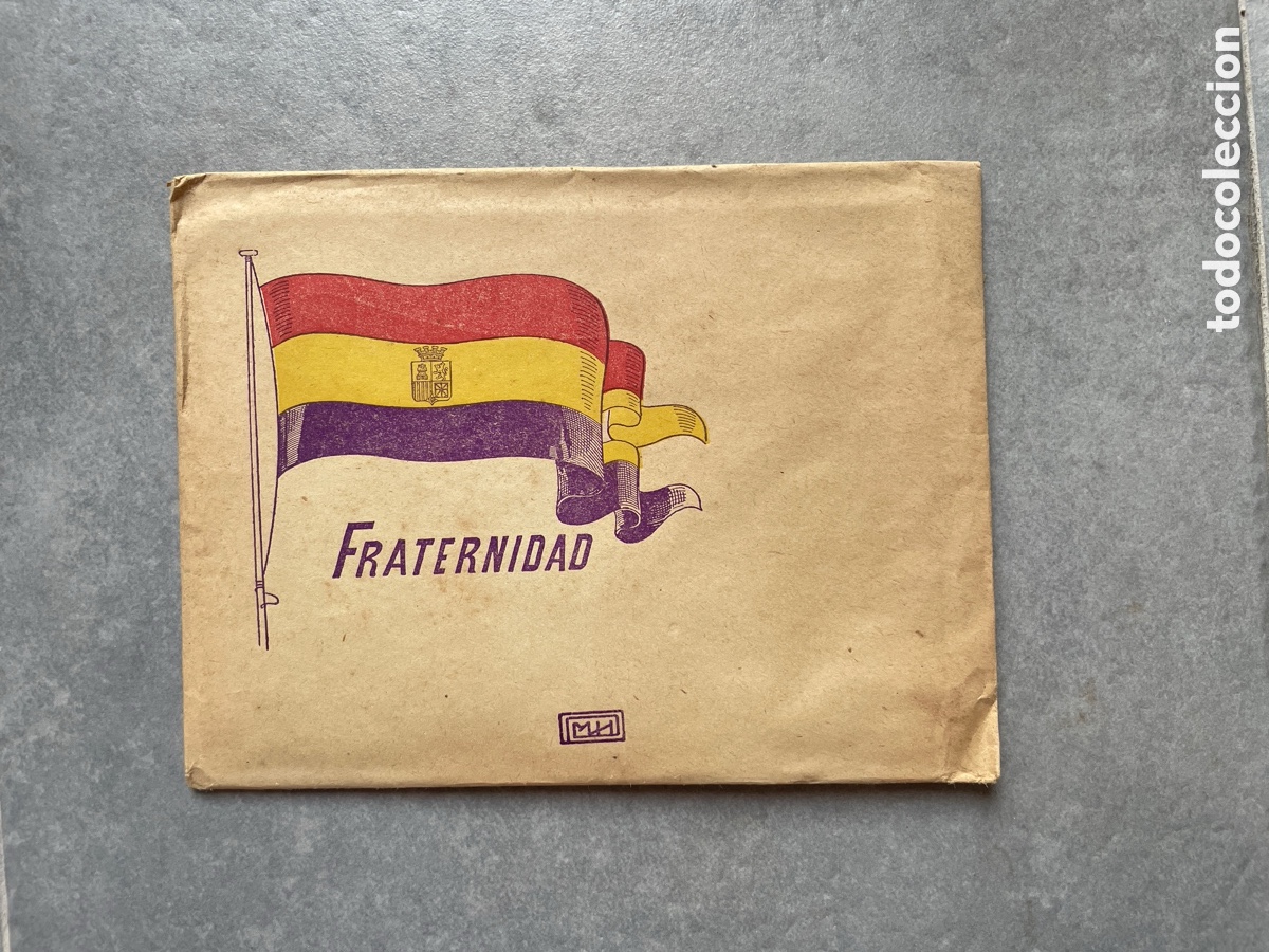 Postales: Sobre de la Rep&uacute;blica. Cinco sobres y cinco cuartillas con bandera republicana.