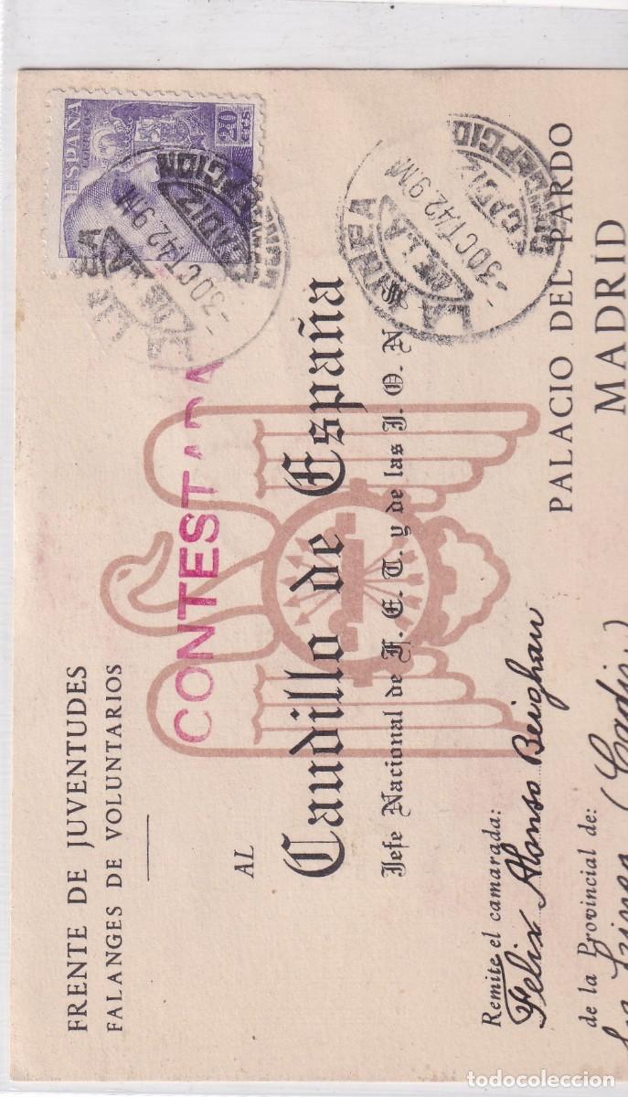Postais: Postal patri&oacute;tica Frente de juventudes. Falanges de voluntarios. La L&iacute;nea C&aacute;diz. Dibujo.