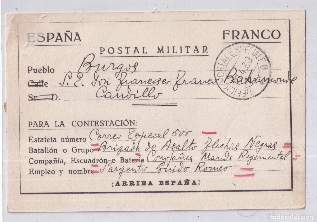 Cartes Postales: Postal militar patri&oacute;tica Franco. Burgos, enviada a Franco, Sargento Guido Romeo 1938