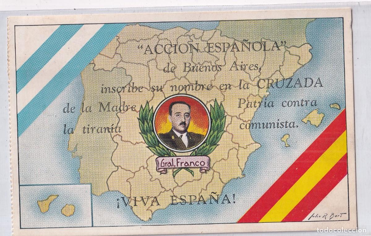 Cartoline: Postal patri&oacute;tica. Acci&oacute;n espa&ntilde;ola de Buenos Aires, Cruzad, Enviada a Franco por la toma de M&aacute;laga