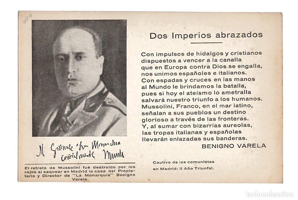 Postales: TARJETA POSTAL DOS IMPERIOS ABRAZADOS. POESIA BENIGNO VARELA, RETRATO MUSSOLINI. GUERRA CIVIL