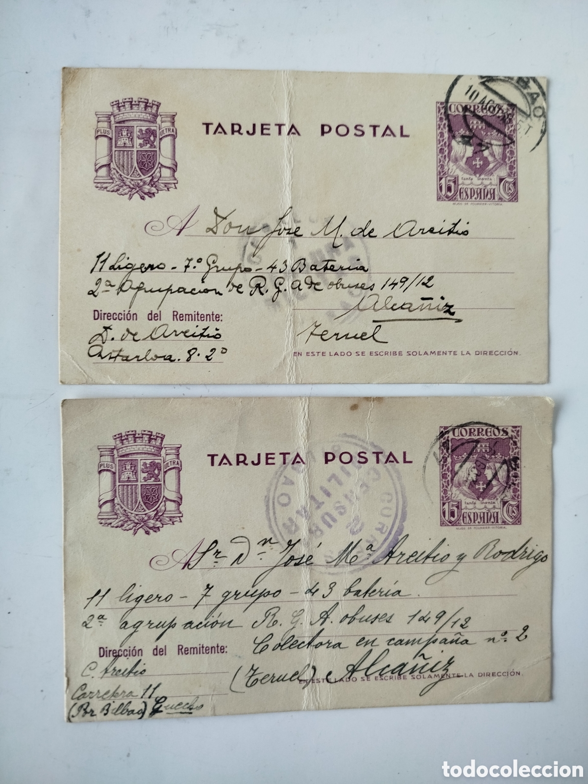 Postales: 2 TARJETAS POSTALES CON CENSURA MILITAR. ALCA&Ntilde;IZ 1938. ENVIADAS A MILITAR EN EL FRENTE.