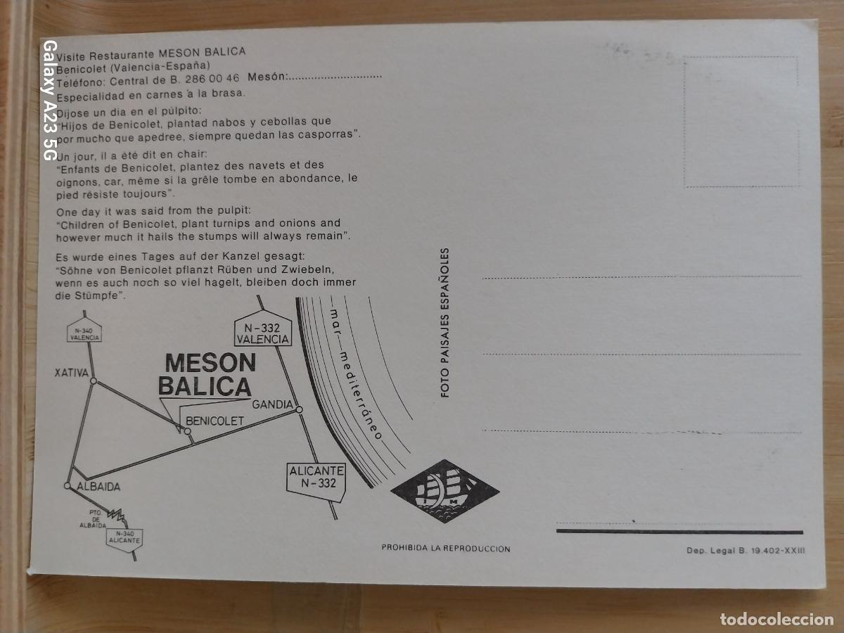 Postales: MESON BALICA RESTAURANTE BENICOLET POSTAL SC PAISAJES ESPA&Ntilde;OLES ***