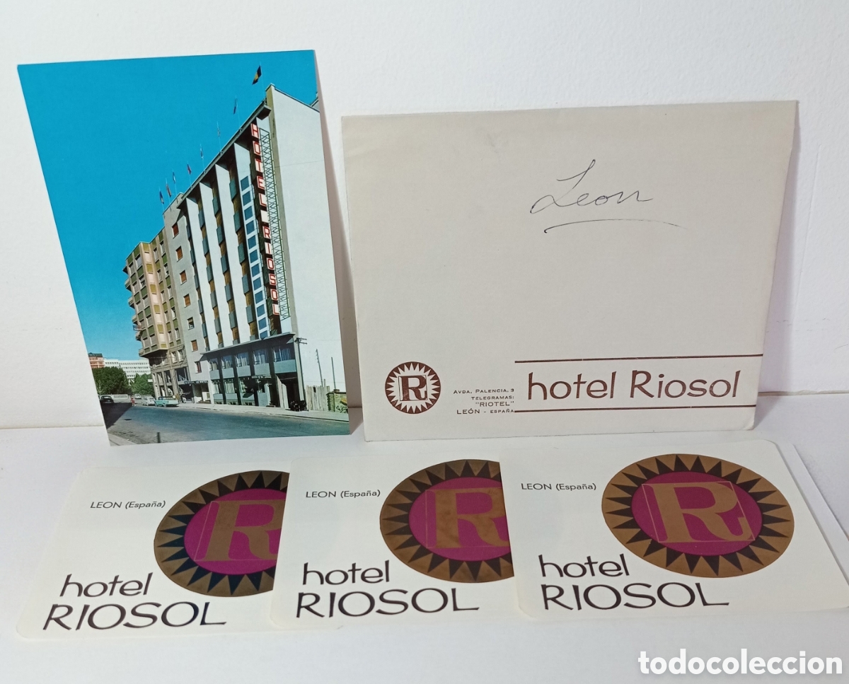 Postales: HOTEL RIOSOL, LEON. -POSTAL + SOBRE + 3 ETIQUETAS -