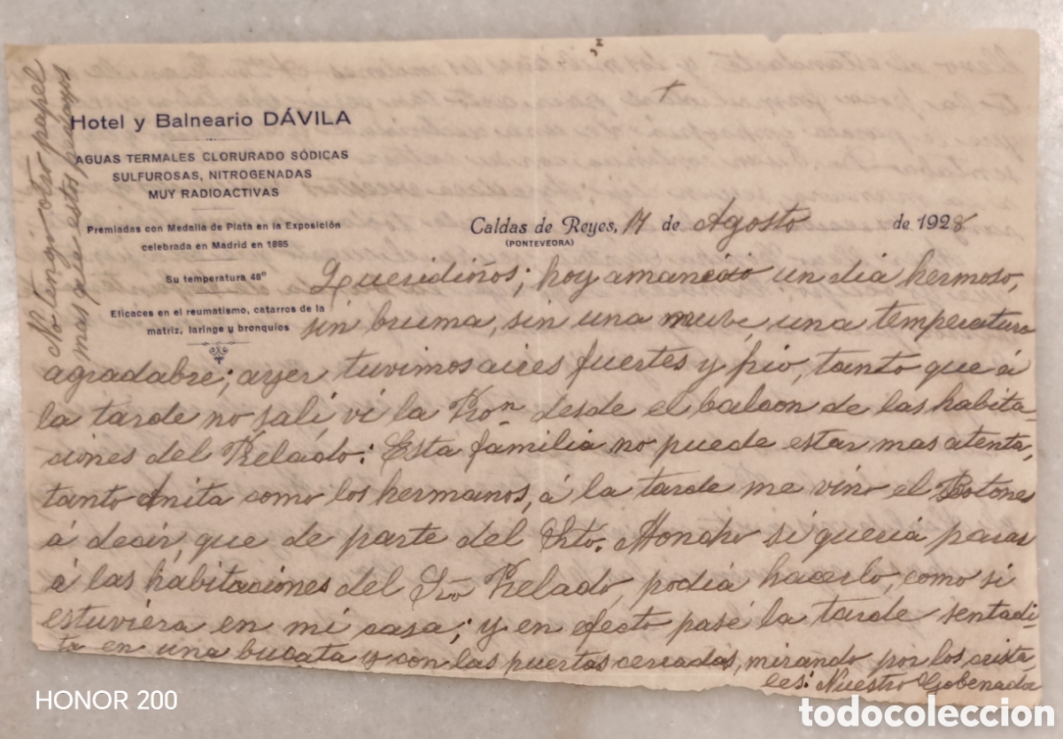 Postales: Carta Comercial - Hotel Balneario D&aacute;vila. Caldas de Reyes - Pontevedra 1928