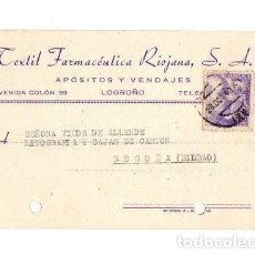 Postales: TARJETA POSTAL TEXTIL FARMACEUTICA RIOJANA. LOGROÑO. 1940