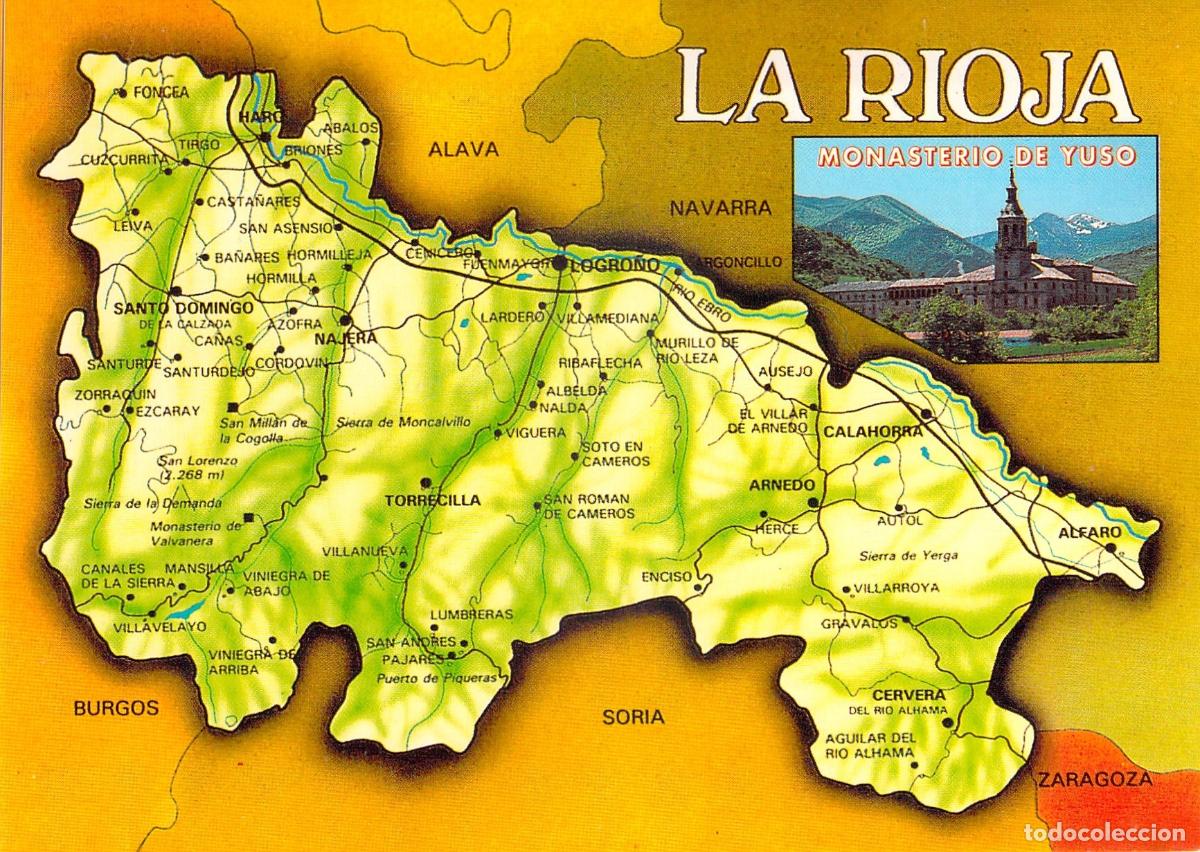 Postales: Postal Mapa de La Rioja y Monasterio de Yuso San Mill&aacute;n de la Cogolla