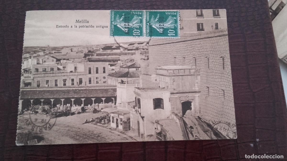 Postcards: ancienne carte-postale Melilla, affranchie de timbres de France surcharg&egrave; &rdquo; Algerie &rdquo;