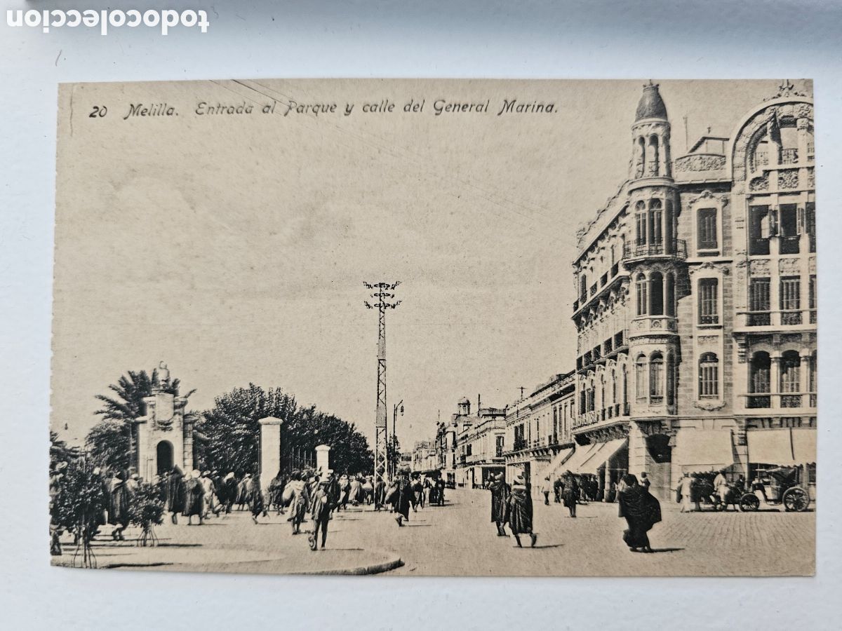 Postales: Postal de Melilla n &deg; 20 Entrada al parque y calle del General Marina 1910s 1920s