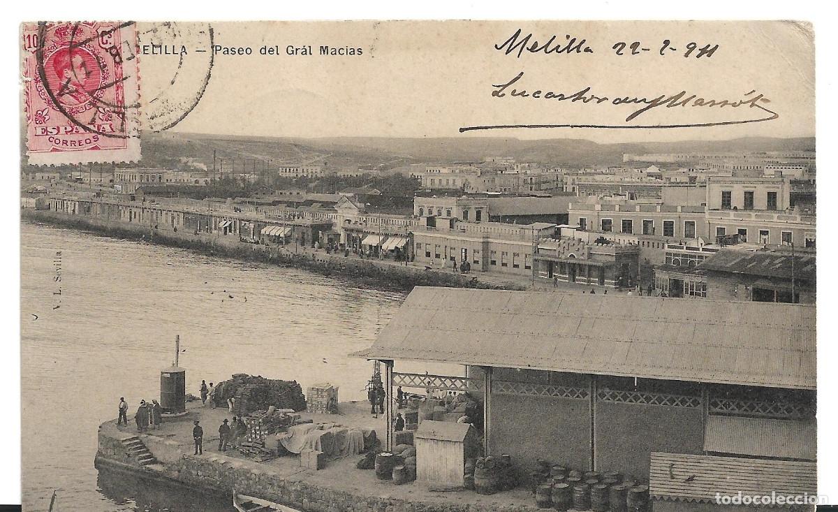 Postales: MELILLA - PASEO DEL GENERAL MACIAS - POSTAL ESCRITA CIRCUALADA EN 1911. EDITOR V.L. DE SEVILLA