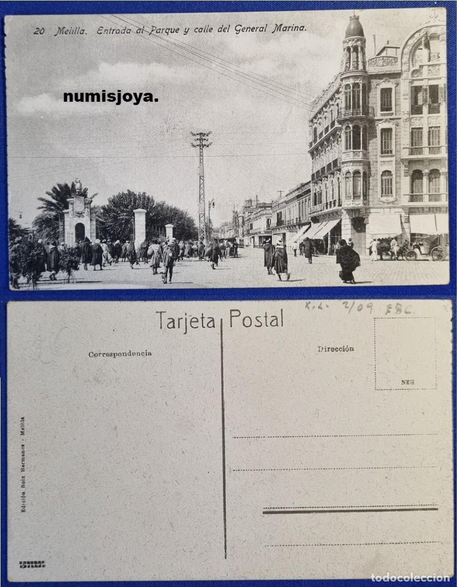 Postales: Postal de Melilla Espa&ntilde;a a&ntilde;o 1910 Entrada al Parque y Calle del General Marina. Ed. Boix Hermanos.