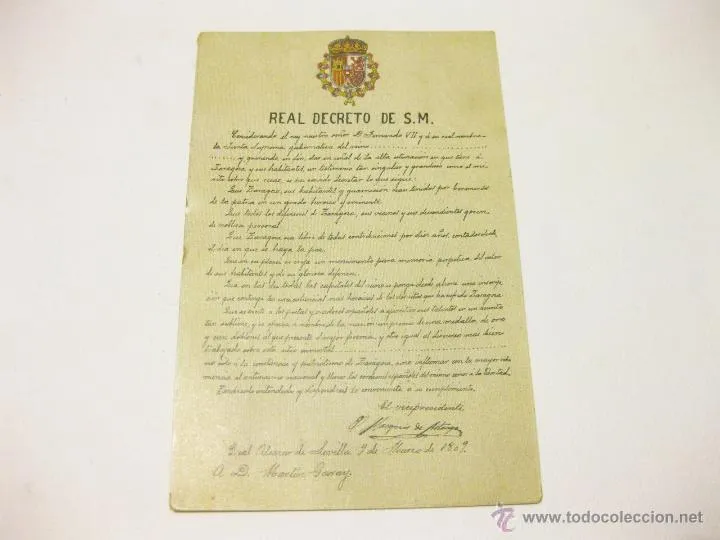 POSTAL CON EL REAL DECRETO DE S. M. FERNANDO VII DE ZARAGOZA EN LA GUERRA DE LA INDEPENDENCIA. 1809