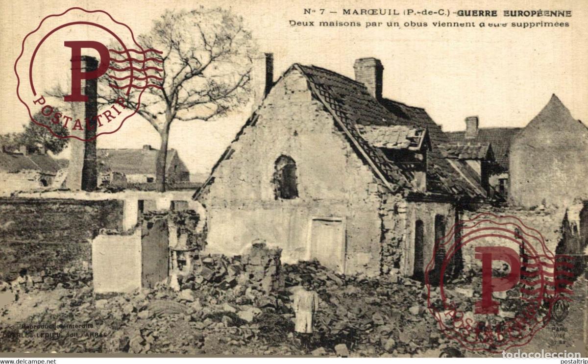 Cartes Postales: MARCEUIL GUERRE EUROP&Eacute;ENE DEUX MAISONS PAR UN OBUS VIENNENT A ETRE SUPPRIM&Eacute;ES GUERRE GUERRA WAR