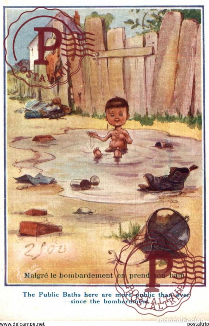 Cartes Postales: MALGR&Eacute; LE BOMBARDEMENT ON PREND SON BAIN ILLUSTRATION MILIT&Auml;R MILITARY MILITAIRE GUERRE WAR