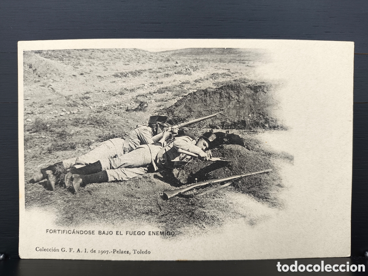 Postales: Antigua postal Fortific&aacute;ndose Bajo el Fuego Enemigo G.F.A.I. Academia Militar Toledo J. Pel&aacute;ez 1907