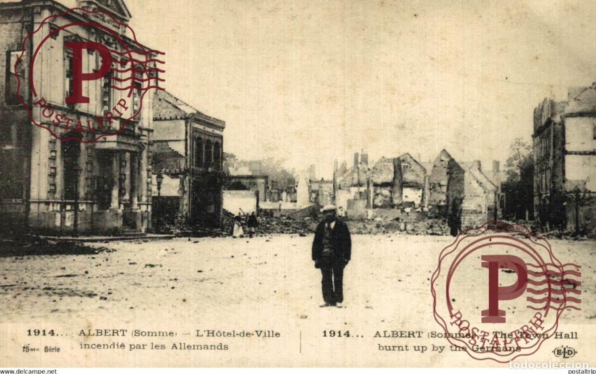 Cartoline: 1914 ALBERT SOMME LH&Ocirc;TEL DE VILLE INCENDI&Eacute; PAR LES ALLEMANDS GUERRE WAR MILITAIRE MILIT&Auml;R