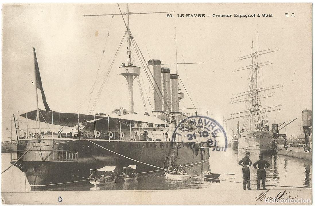 Postales: Crucero Acorazado Carlos V en el puerto franc&eacute;s Le Havre, Circ. 1904, Flota Almirante C&aacute;mara 1898