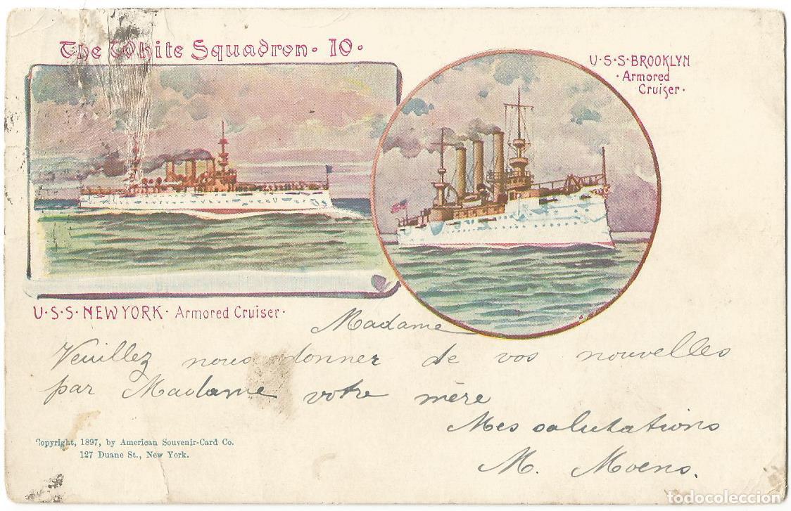 Postales: Guerra de Cuba 1898, Acorazados USS New York y USS Brooklyn, Comodoro Schley y Almirante Sampson