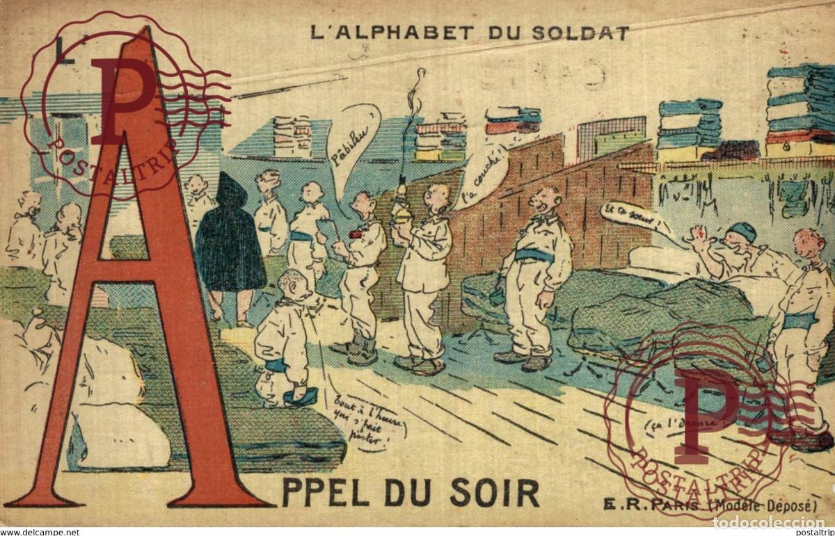 Postales: L ALPHABET DU SOLDAT, A. APPEL DU SOIR. E.R. PARIS MILITAIRE MILIT&Auml;R MILITARY