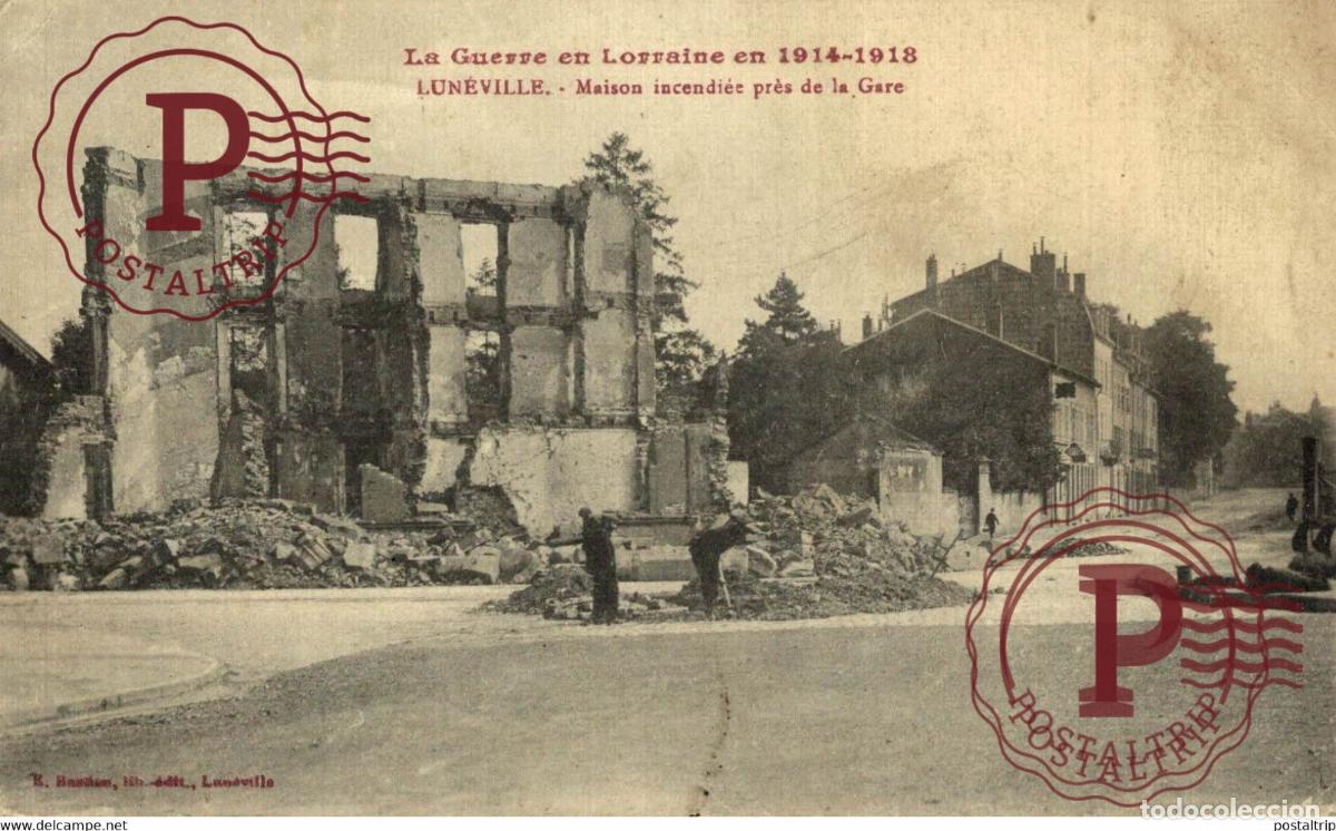 Postkarten: Luneville Maison incendi&eacute;e pres de la GAre MILITARY MILITAIRE MILIT&Auml;R