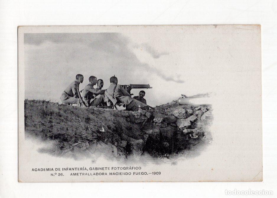Postales: ACADEMIA DE INFANTER&Iacute;A, GABINETE FOTOGR&Aacute;FICO &Nu;. 26. AMETRALLADORA HACIENDO FUEGO.- 1909.