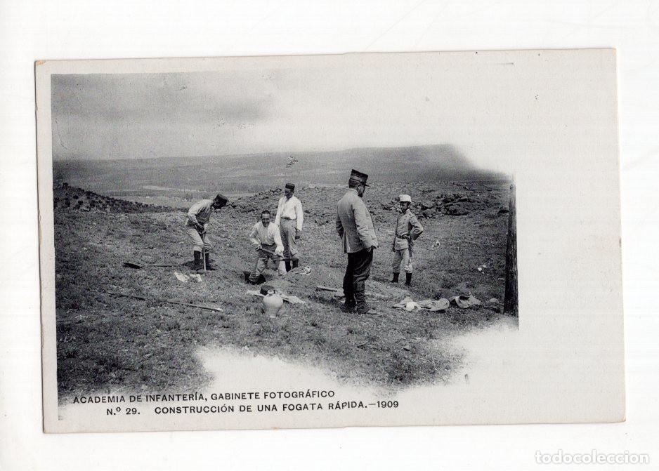 Postales: ACADEMIA DE INFANTER&Iacute;A, GABINETE FOTOGR&Aacute;FICO &Nu;. 29.CONSTRUCCI&Oacute;N DE UNA FOGATA R&Aacute;PIDA.- 1909