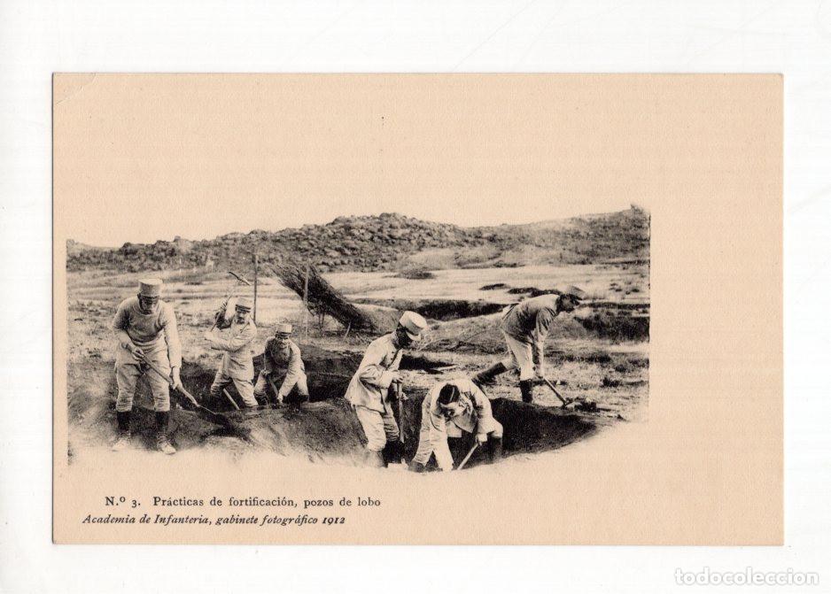 Postales: N.&ordm; 3. PR&Aacute;CTICAS DE FORTIFICACI&Oacute;N, POZOS DE LOBO ACADEMIA DE INFANTER&Iacute;A, GABINETE FOTOGR&Aacute;FICO 1912