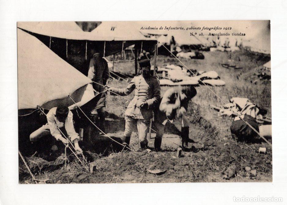 Postales: ACADEMIA DE INFANTER&Iacute;A, GABINETE FOTOGR&Aacute;FICO 1912 N&deg; 28. ARREGLANDO TIENDAS.