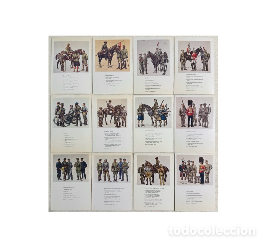 Postales: WWI, Uniformes del ej&eacute;rcito Brit&aacute;nico. Lote completo de 12 viejas postales, Imperial War Museum.