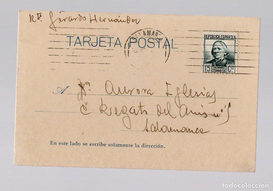 Postales: TARJETA POSTAL REPUBLICA ESPA&Ntilde;OLA CIRCULADA EN SALAMANCA, A&Ntilde;O 1937
