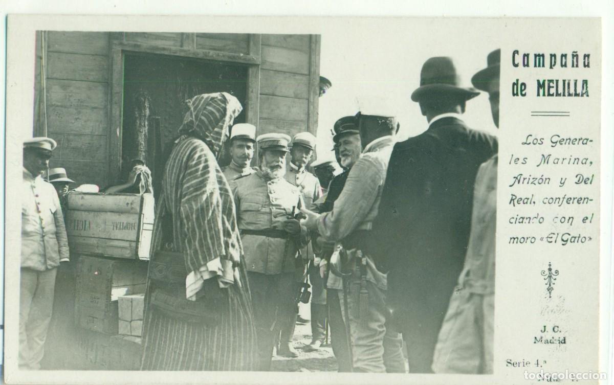 Postales: GUERA DE MARRUECOS. CAMPA&Ntilde;A DE MELILLA. GENERALES MARINA ARIZ&Oacute;N CON EL MORO EL GATO. H.1910