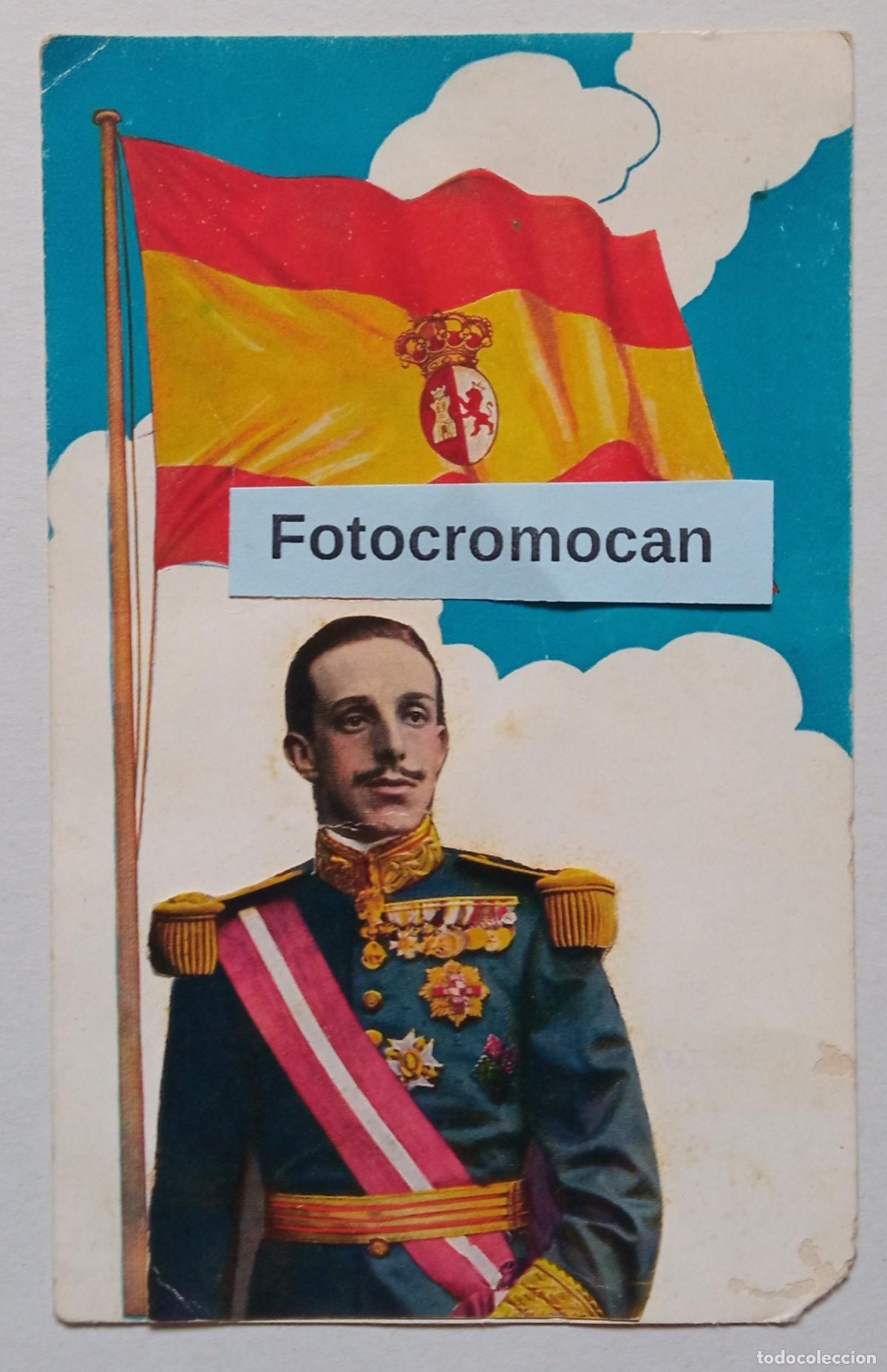 Postales: POSTAL. ALFONSO XIII CON UNIFORME DE GALA Y BANDERA