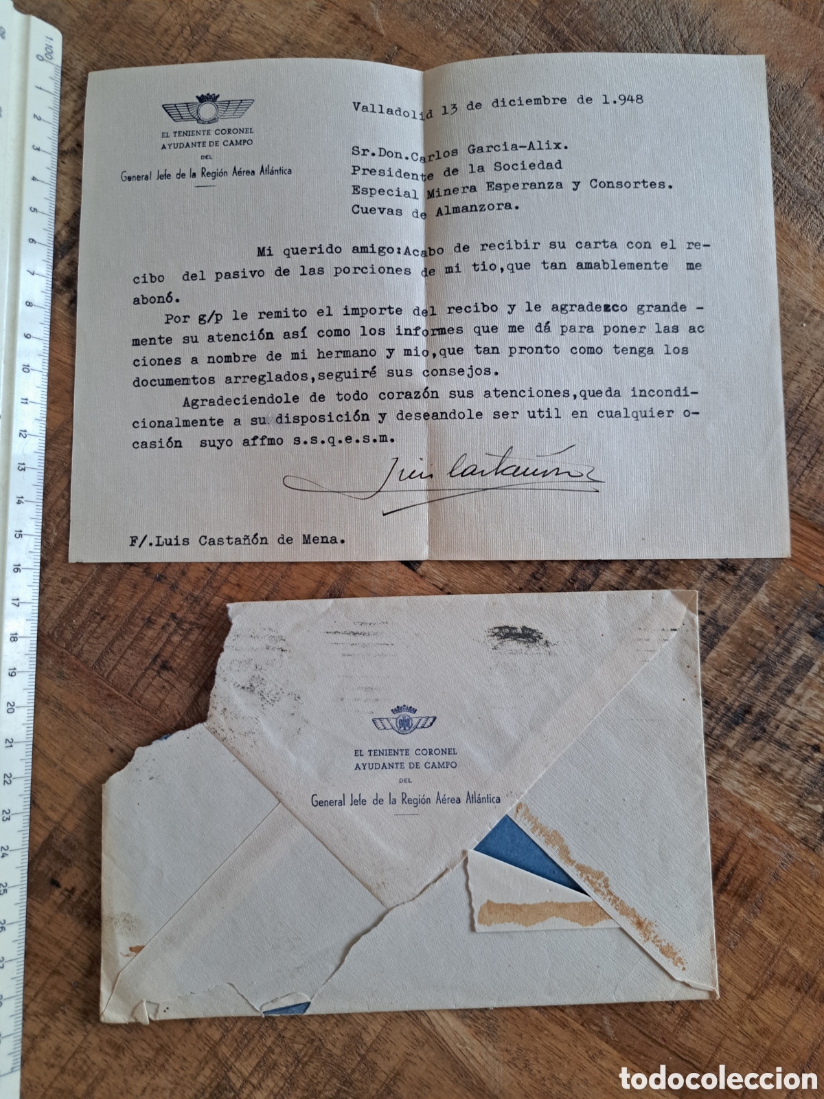 Postales: JML Carta Valladolid Cuevas Almwria Teniente Coronel Ayudante de Campo, General Jefe Area Atlantica