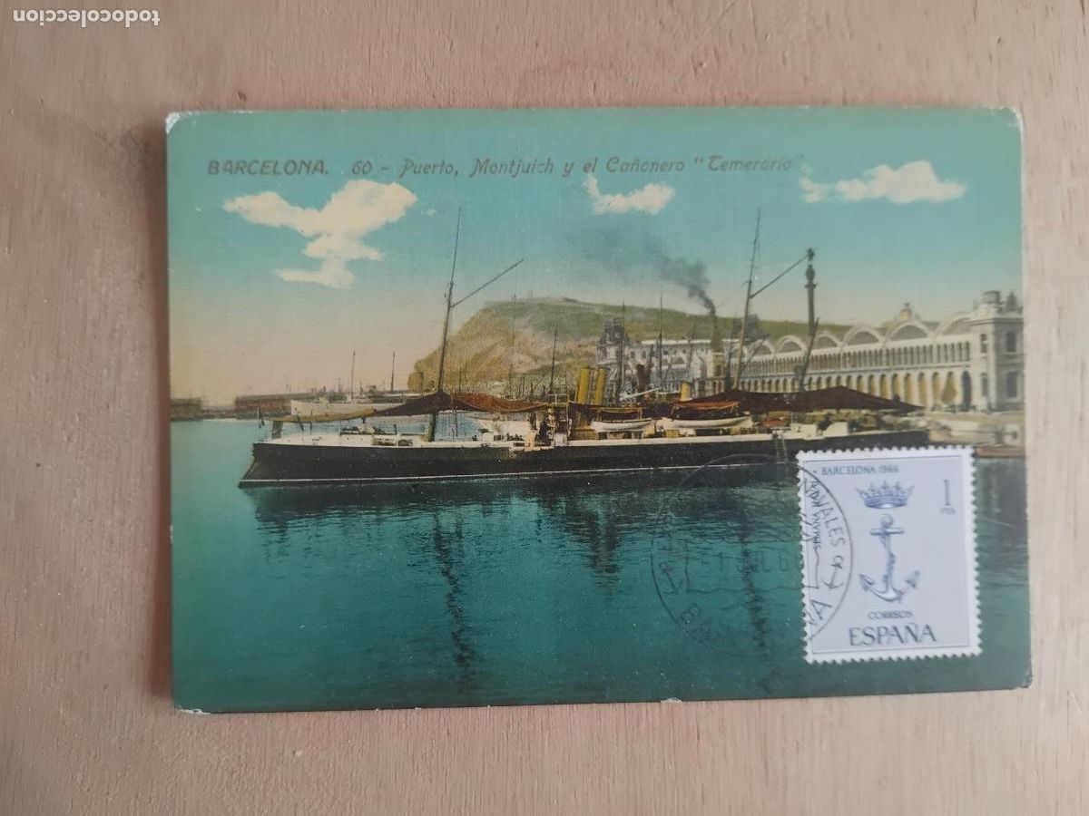 Postales: POSTAL BARCELONA 60 CA&Ntilde;ONERO TEMERARIO. SELLO Y MATASELLOS EXPOSICION DE TEMAS NAVALES 1966
