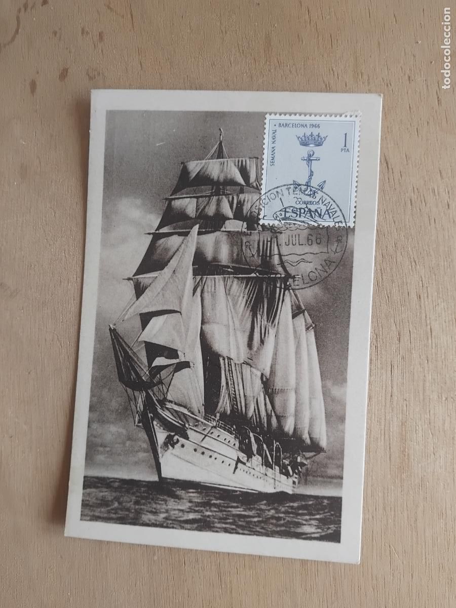 Postales: BUQUE ESCUELA JUAN SEBASTIAN ELCANO. SELLO Y MATASELLOS EXPOSICION DE TEMAS NAVALES 1966
