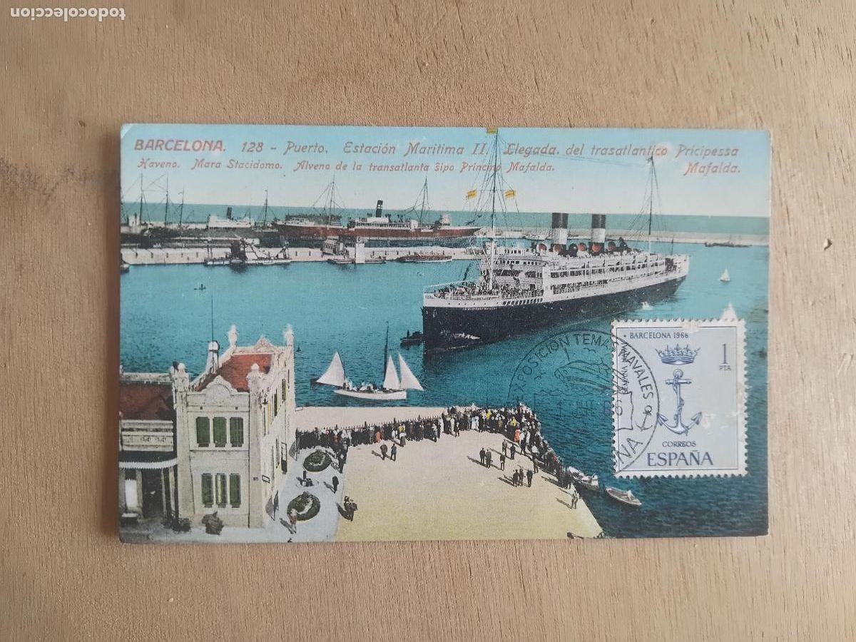 Postales: BARCELONA 128 TRASATLANTICO PRINCESA MAFALDA. SELLO Y MATASELLOS EXPOSICION DE TEMAS NAVALES 1966