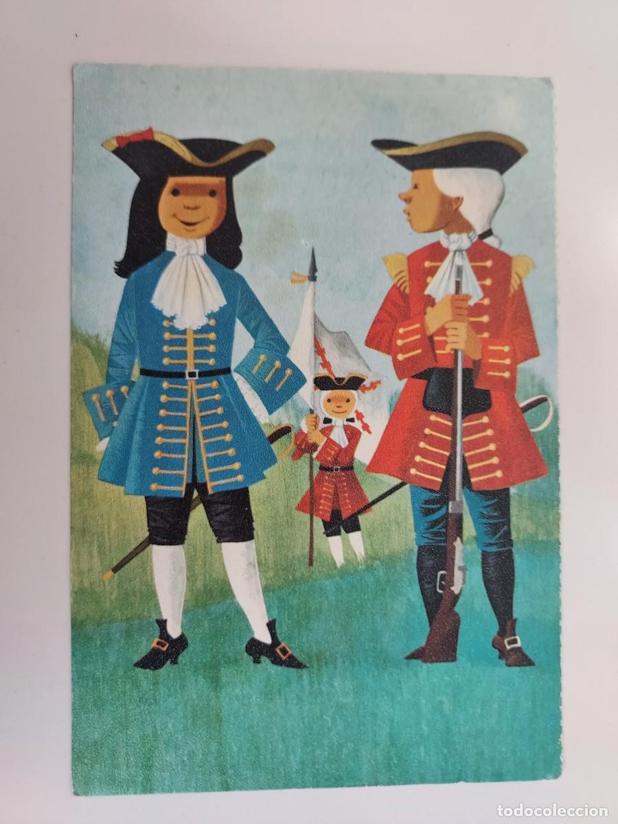 Postales: POSTAL UNIFORMES MILITARES ESPA&Ntilde;OLES CAMPA&Ntilde;A NOVATROPINA ALFEREZ 1705 FUSILERO 1707. S/C. PROMESA