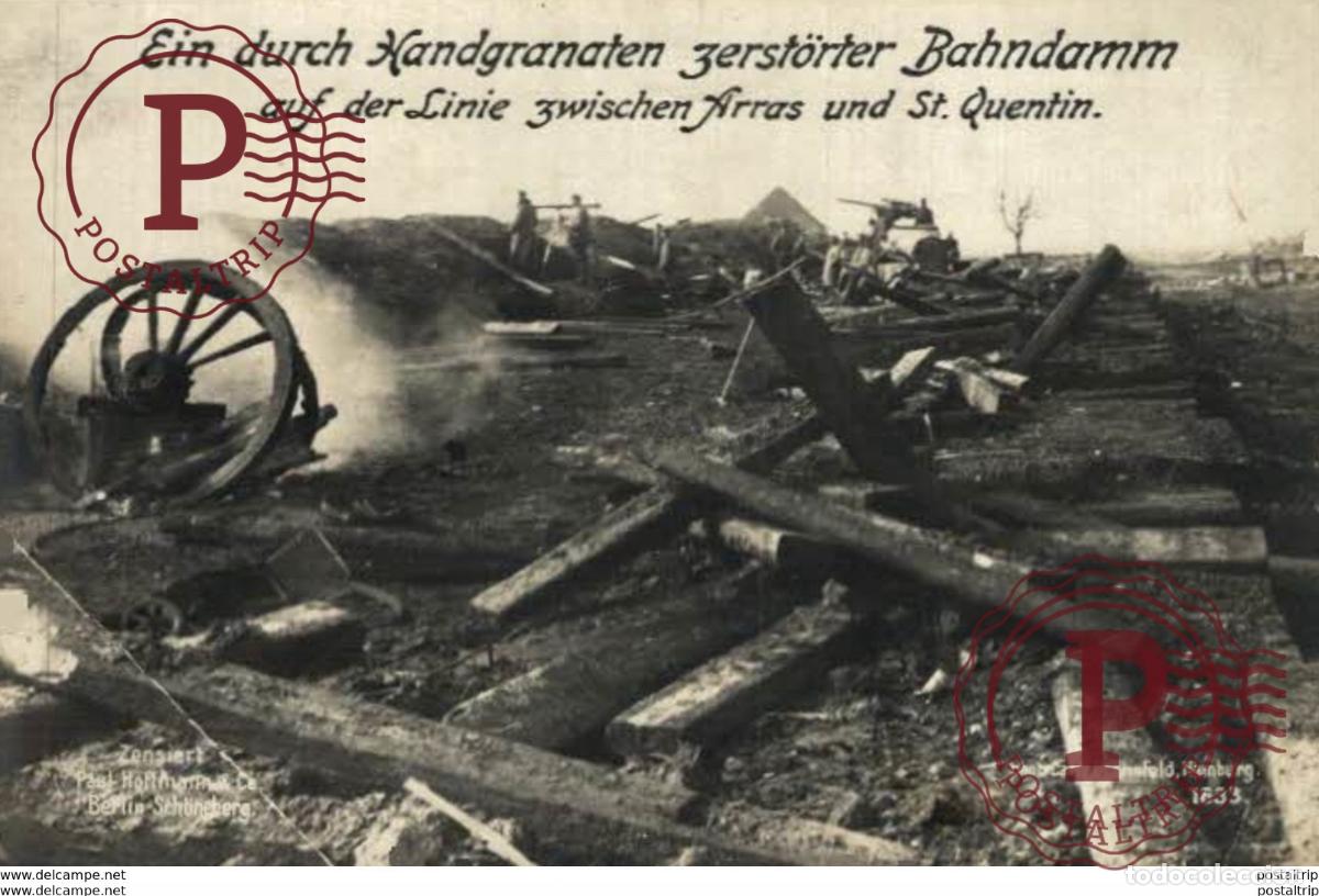 Postales: RPPC EIN DURCH HANDGRANATEN ZERSTORTER BAHNDAMM LINIE ARRAS ST QUENTIN CHEMIN DE FER 17*12cm 19141