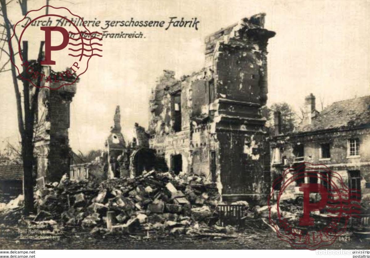 Postales: RPPC CARTE PHOTO 17*12cm. Durch Artillerie zerschossene Fabrik. Frankreich. Paul Hoffmann 191415 W