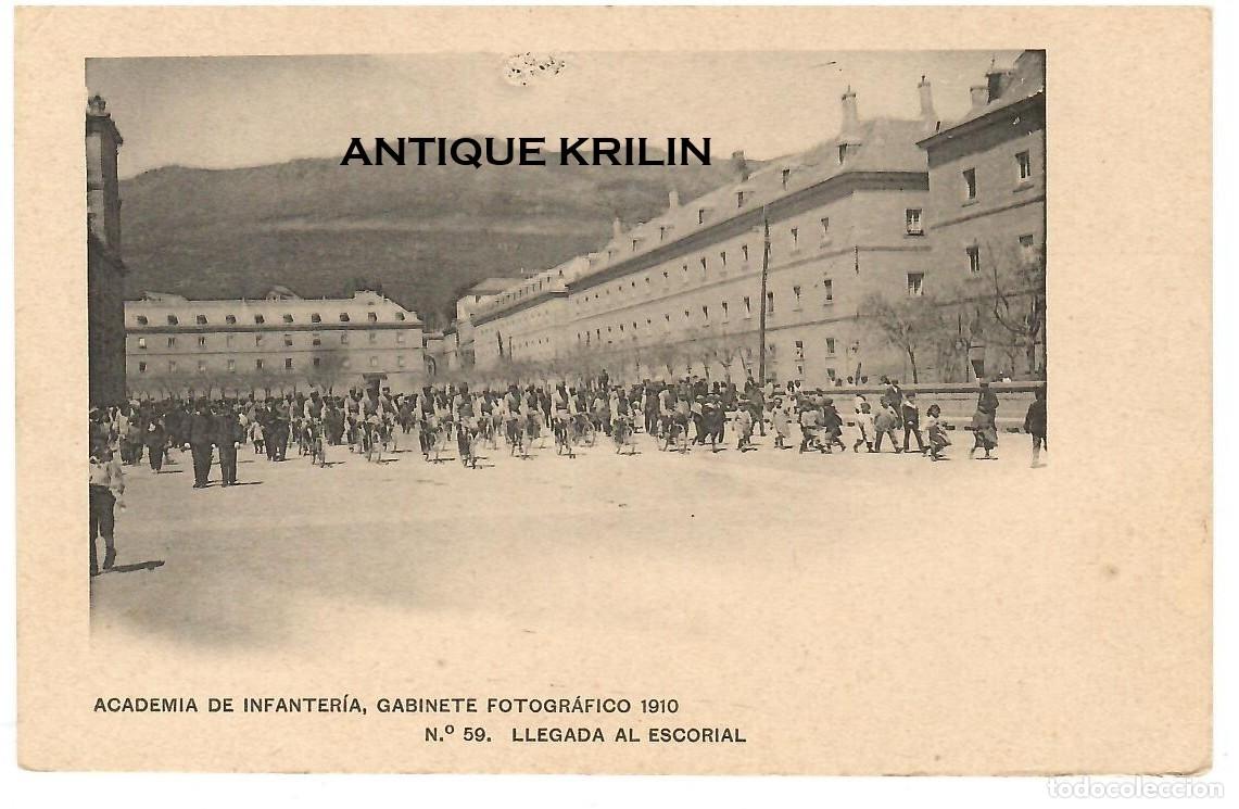 Postales: ACADEMIA DE INFANTERIA 1910 N&ordm; 59 LLEGADA AL ESCORIAL / HAUSER-MENET / SIN FRANQUEAR