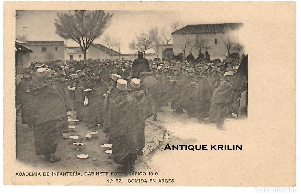Postales: ACADEMIA DE INFANTERIA 1910 N&ordm; 32 COMIDA EN ARGES / HAUSER-MENET / SIN FRANQUEAR