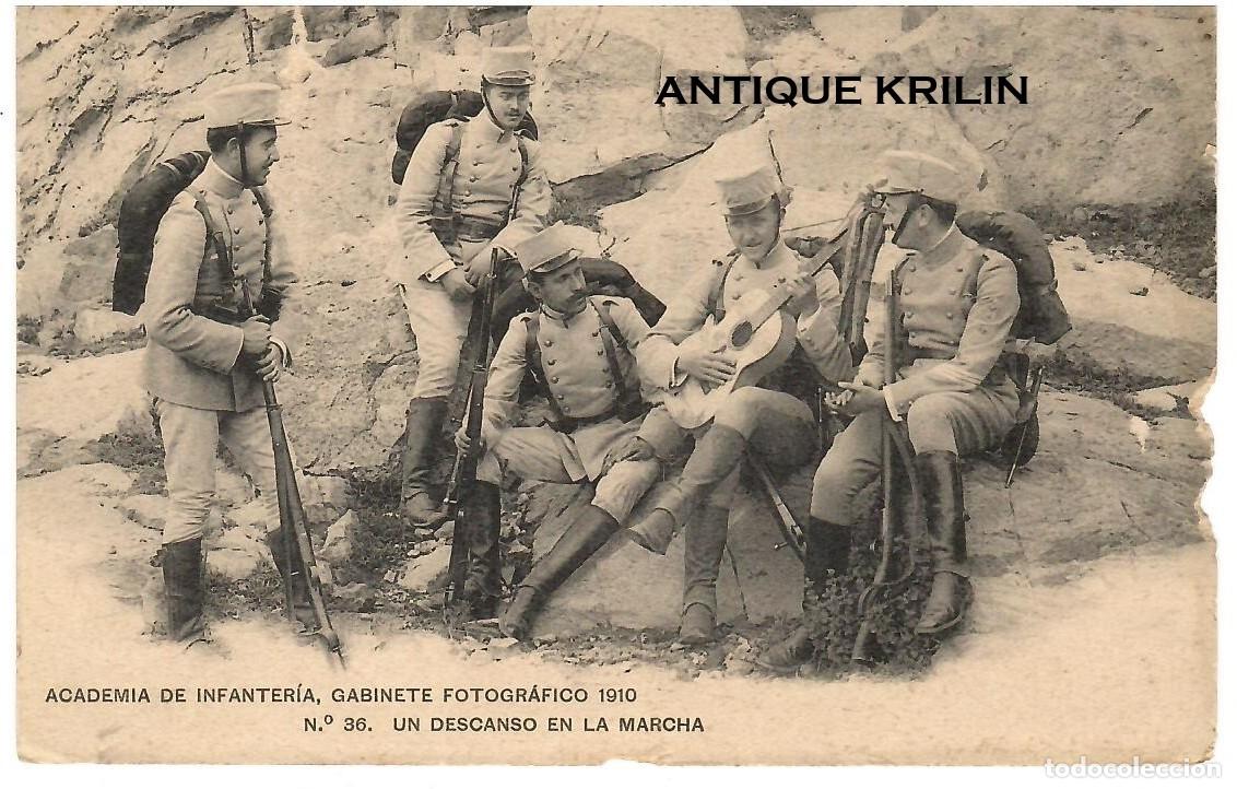 Postales: ACADEMIA DE INFANTERIA 1910 N&ordm; 36 UN DESCANSO EN LA MARCHA / HAUSER MENET / SIN FRANQUEAR