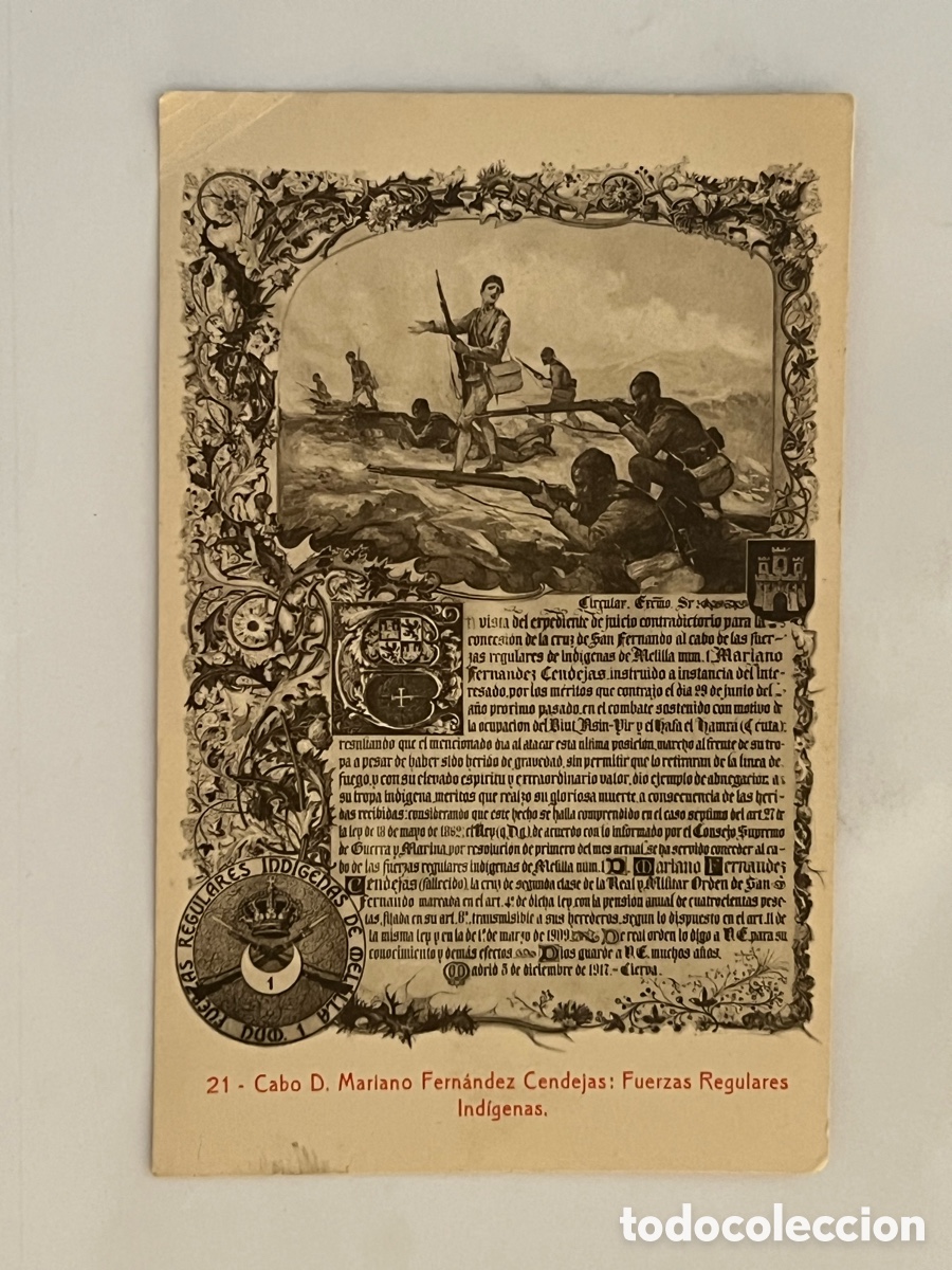 Postales: Cabo D. Mariano Fern&aacute;ndez Cendejas: Fuerzas Regulares Ind&iacute;genas. Fototipia Thomas No.21