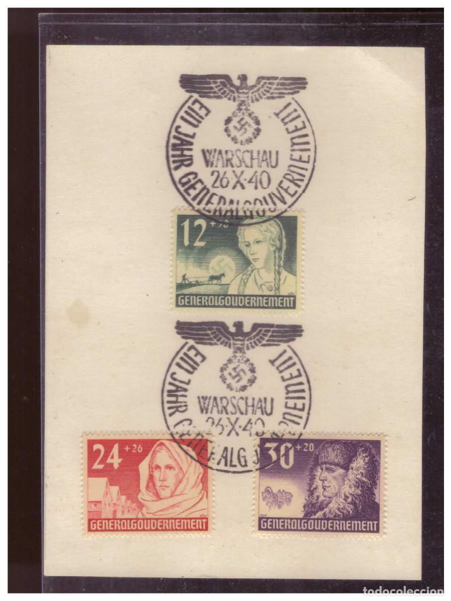 Postales: GG (sp00001) WKII Gedenkblatt mit MNR 56/ 58 mit Sonderstempel 6 Ein Jahr GG, Warschau 26.10.1940