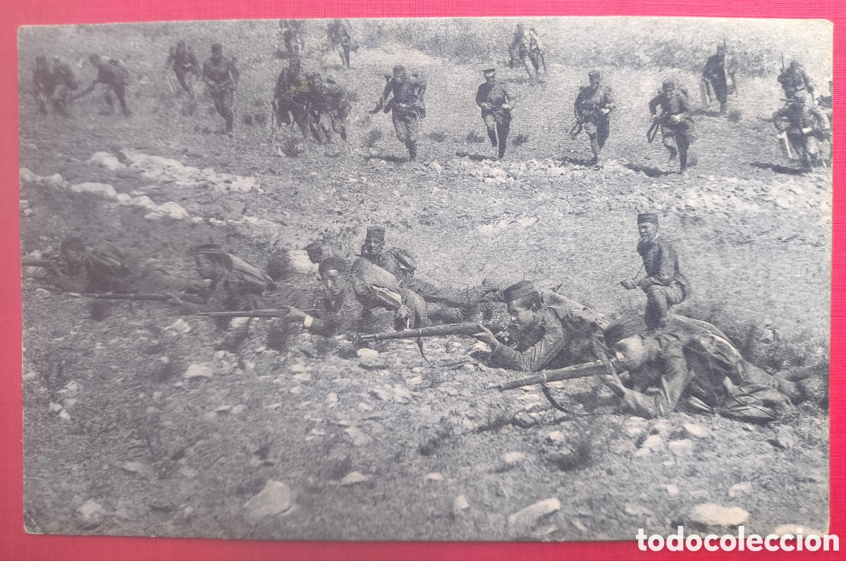 Postales: GUERRA DE MARRUECOS INFANTER&Iacute;A AVANZANDO POSTAL FOTOTIPIA ED. GRAFOS C. 1920