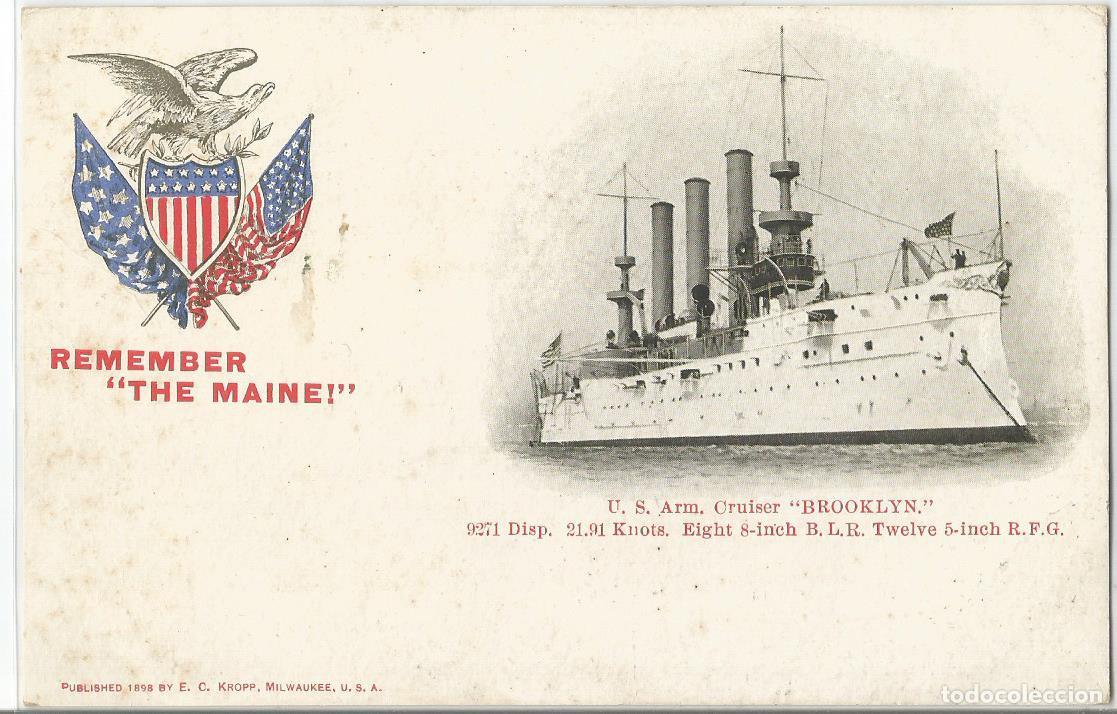 Postales: Guerra de Cuba 1898. Remember the Maine. Crucero Acorazado Brooklyn. Cancelada en 1898, sin sello