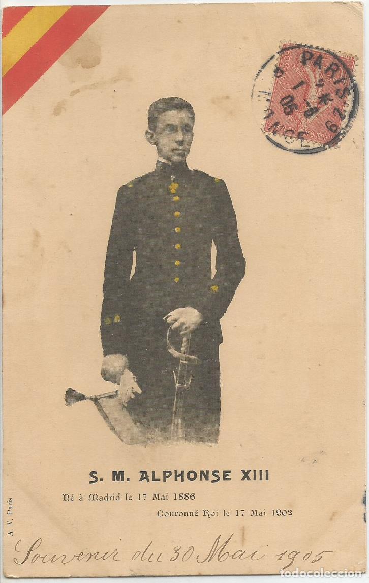 Postales: Alfonso XIII, Bandera de Espa&ntilde;a, Postal Francesa circulada en 1905