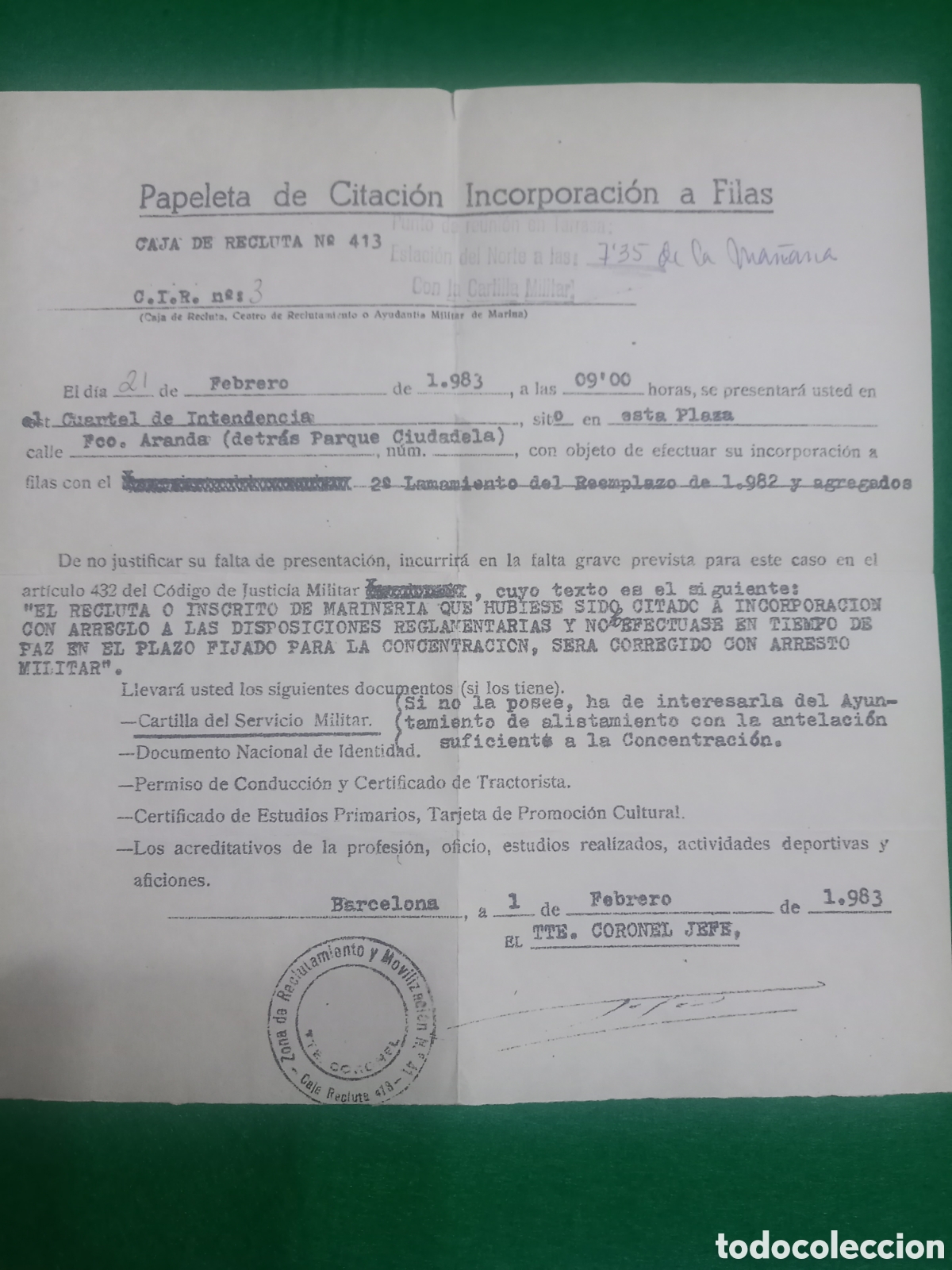 Postales: Antiguo documento militar. Papeleta de citaci&oacute;n para incorporaci&oacute;n a filas. A&ntilde;o 1983. Caja de Reclut