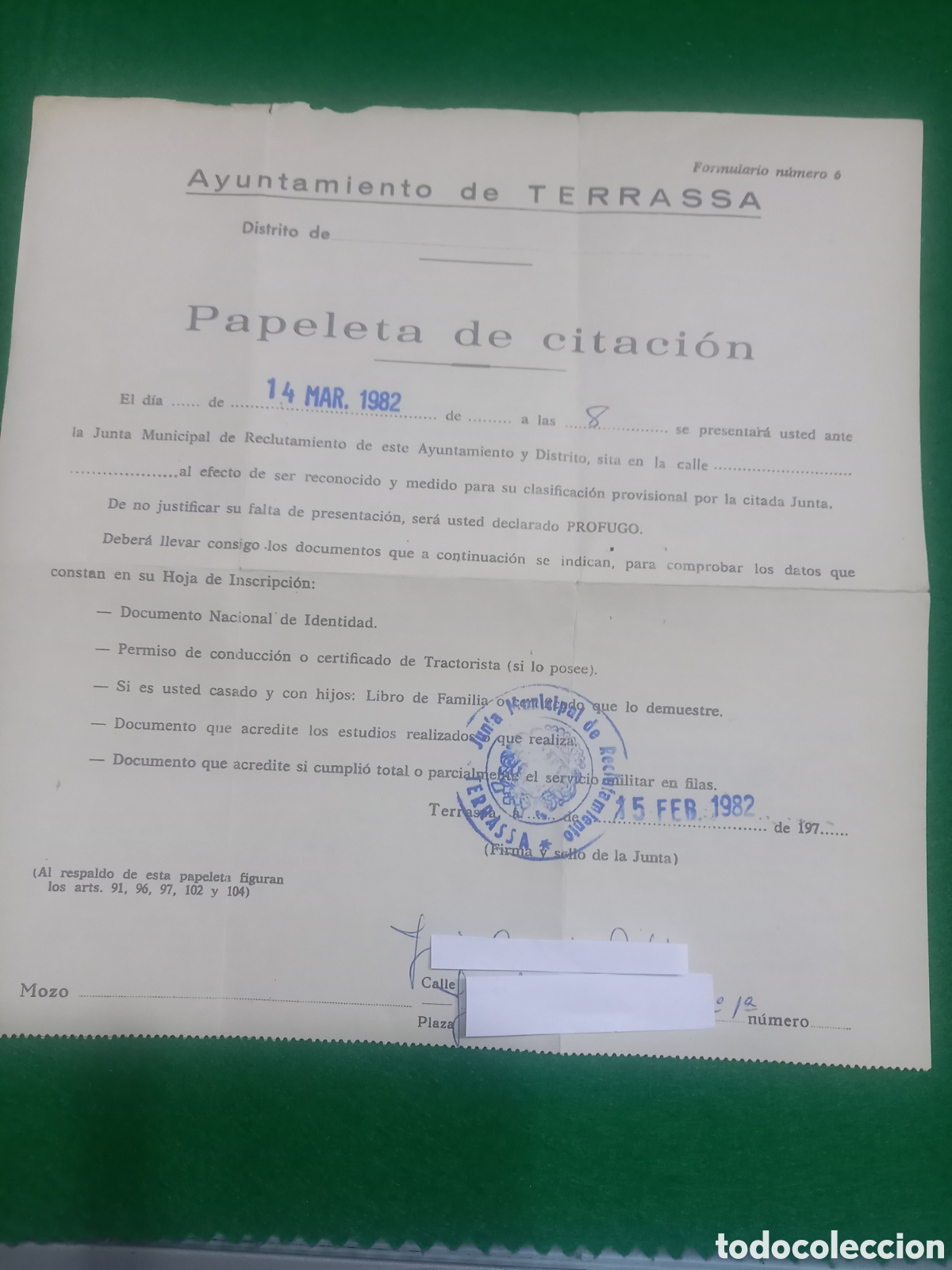 Postales: Antigua Papeleta de Citaci&oacute;n - Ayuntamiento de Terrassa (1982) - Junta Municipal de Reclutamiento (M